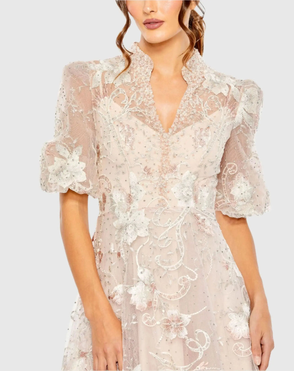 Petite Pink Queen Anne Puff Sleeve A-Line Gown