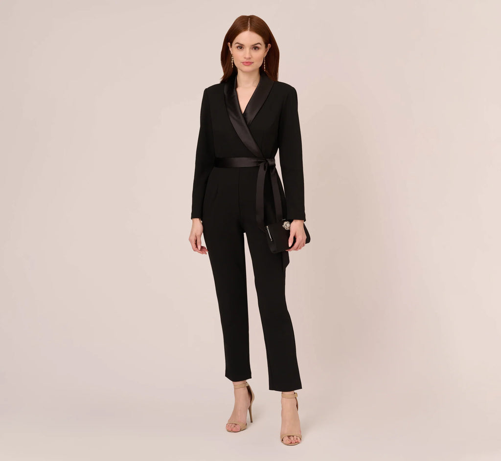 Long Sleeve Crepe Jumpsuit With Tuxedo Collar In Black