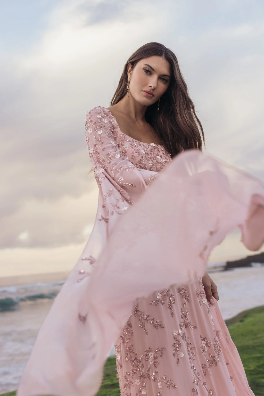 Pink Floral Embellished Cape Sleeve Gown