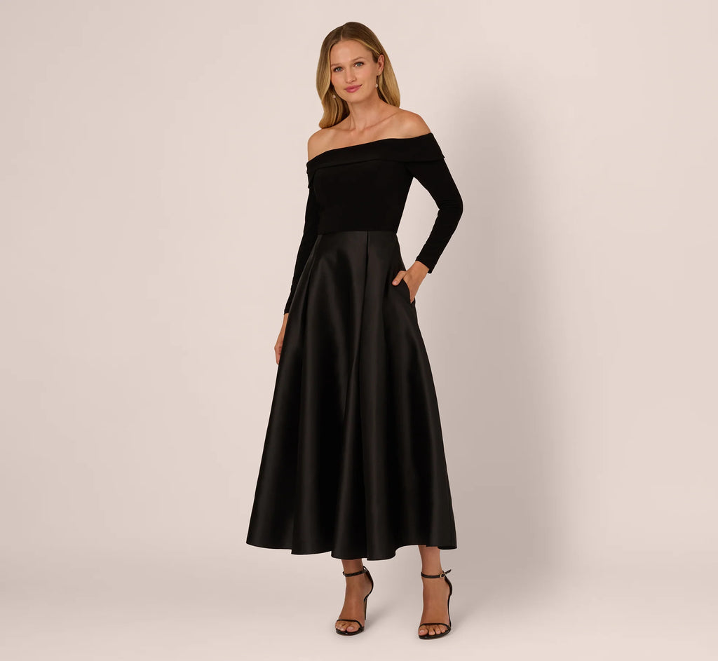 Off Shoulder Long Sleeve Mikado Combo Gown In Black