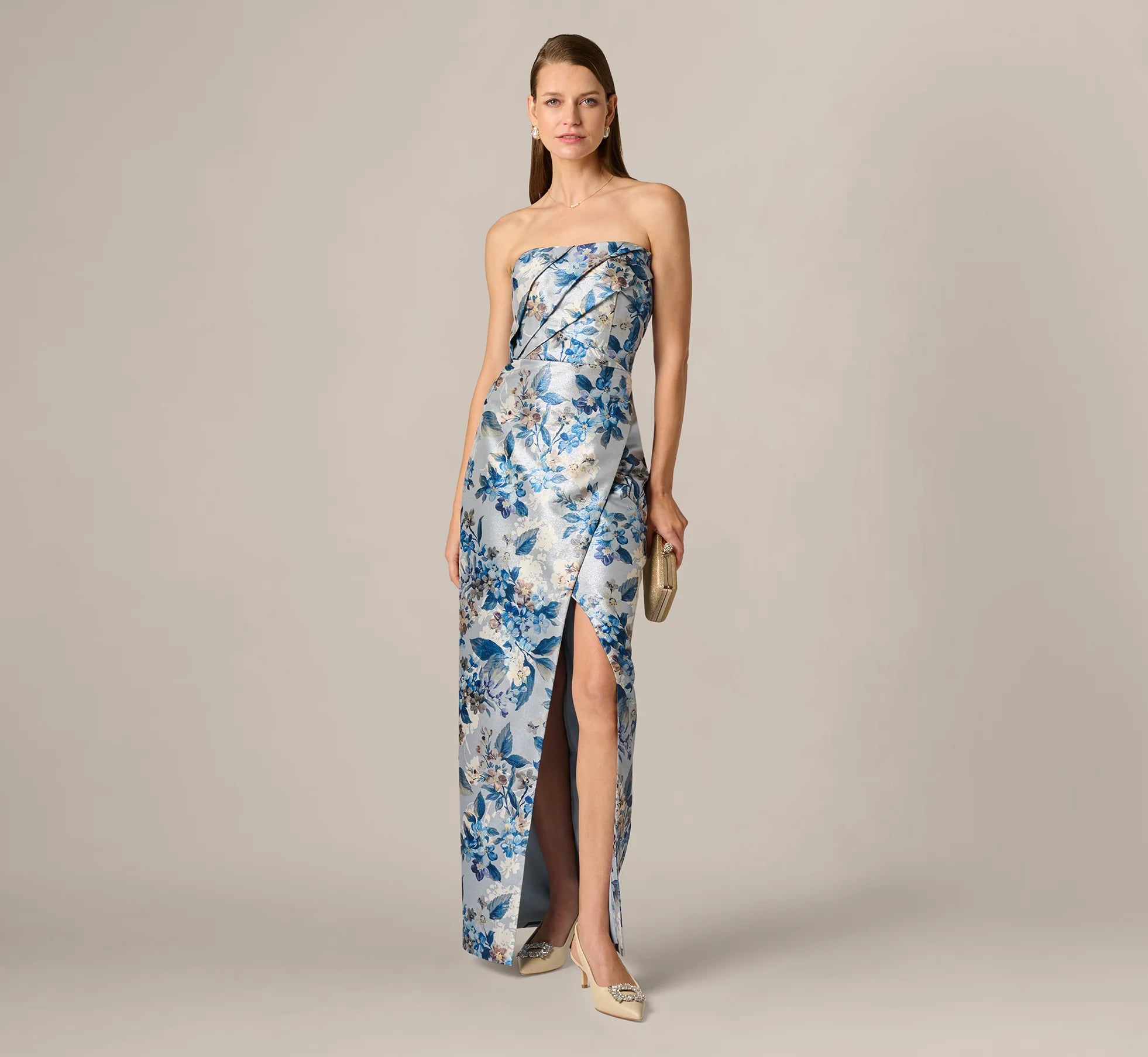 Strapless Pleated Floral Jacquard Wrap Gown In Blue Multi