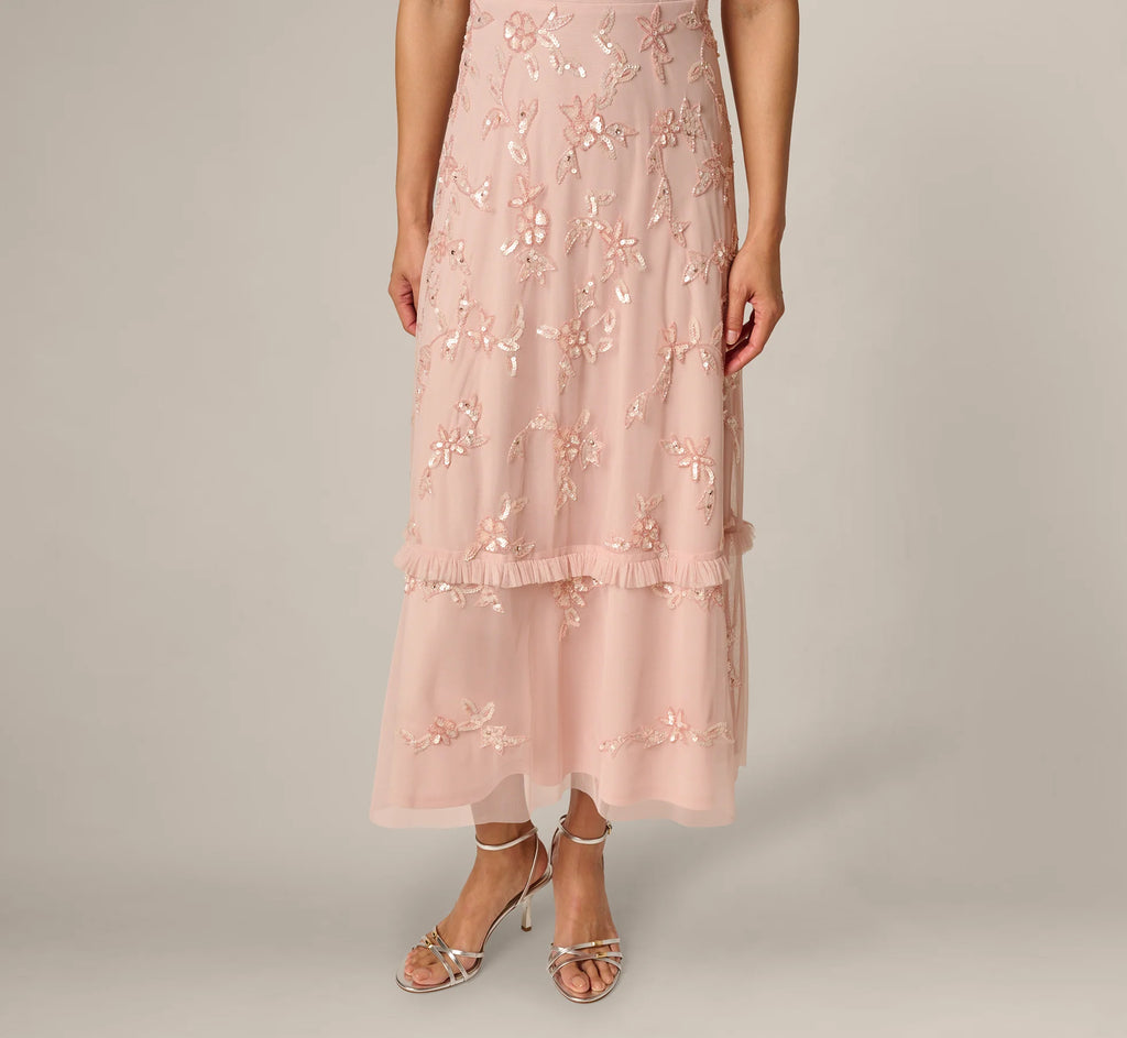 Flutter Sleeve Ruffle Floral Beaded Midi Dress In Blush Whisper