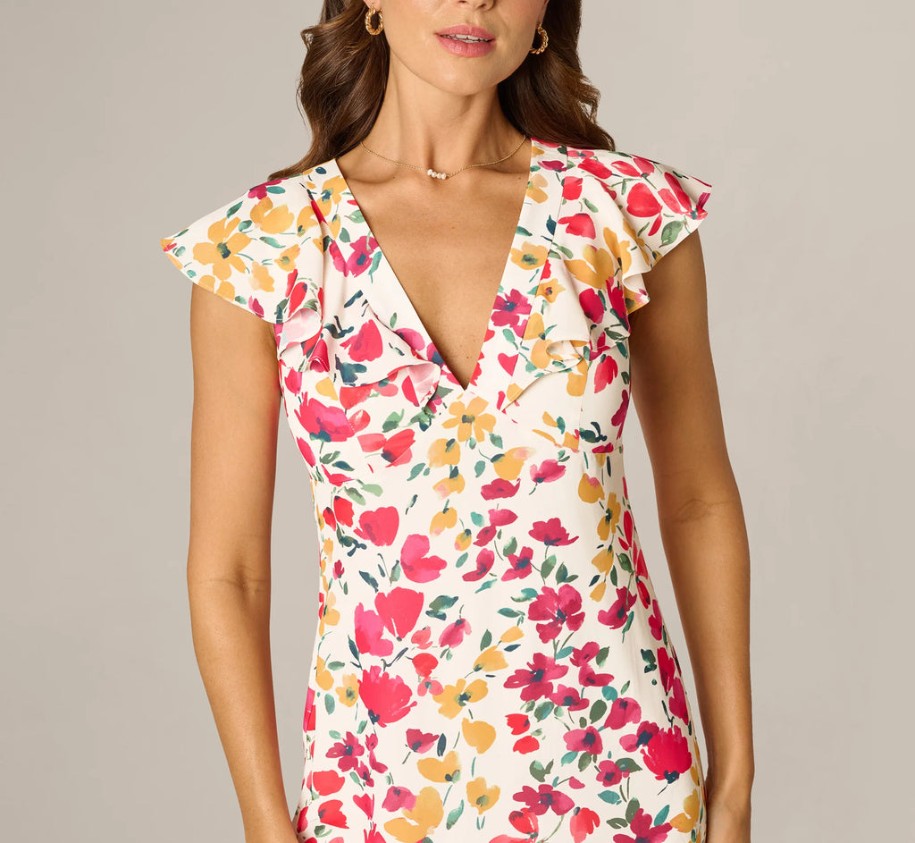 Flounce Collar Floral Print Midi Dress In Ivory Multi