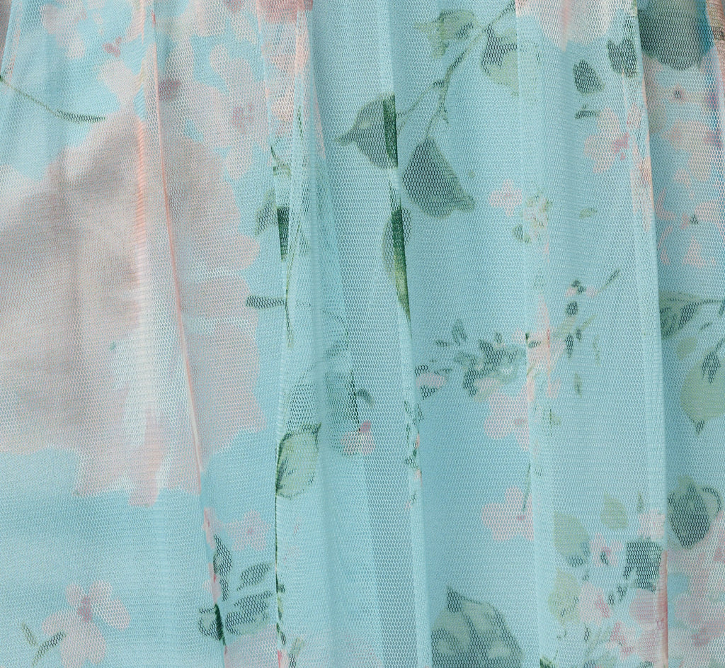Flutter Sleeve Floral Tulle Maxi Dress In Blue Multi