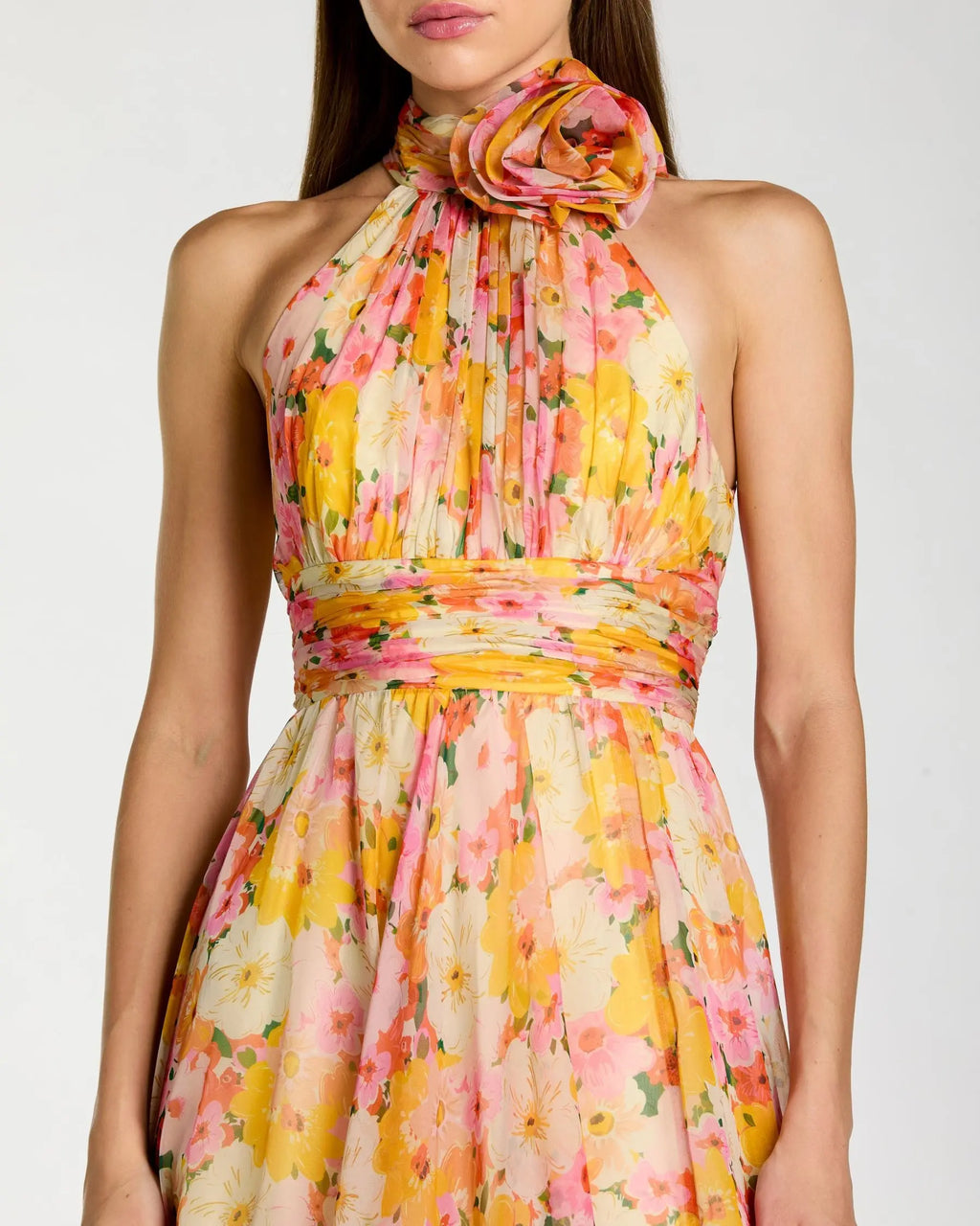 Multicolor Floral Halter Neck Midi Dress With 3D Flower