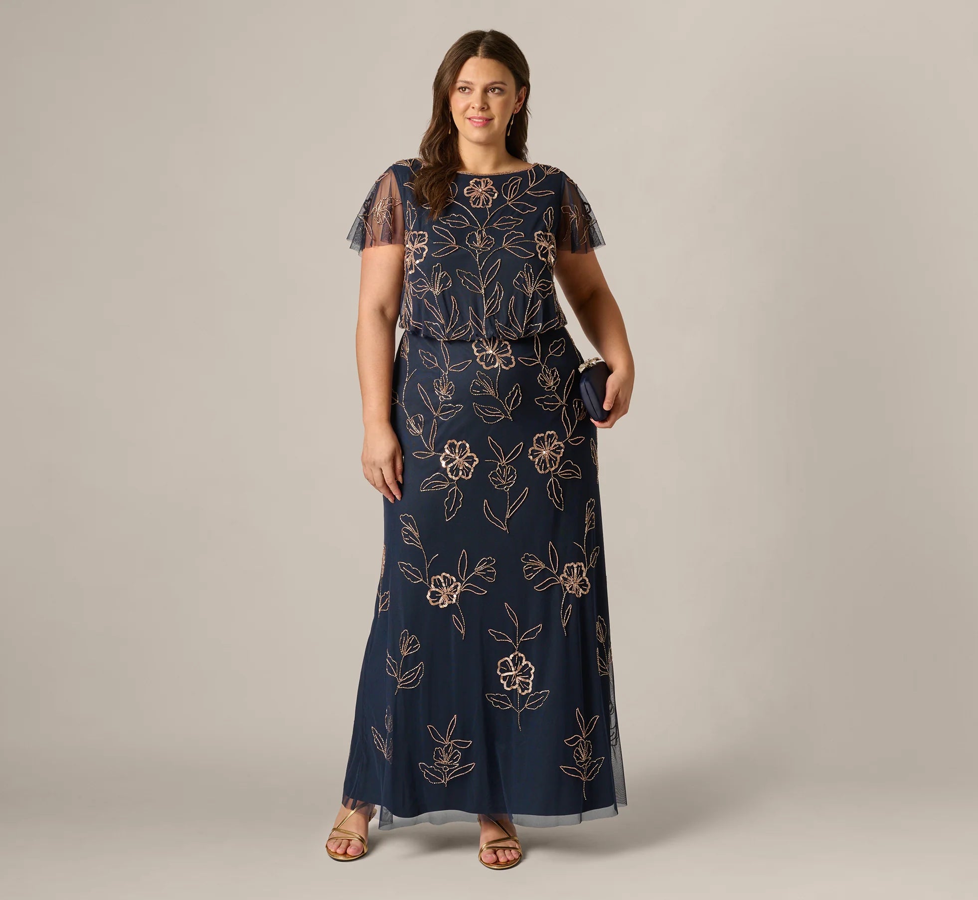 Plus Size Flutter Sleeve Floral Beaded Blouson Gown In Navy Rosegold