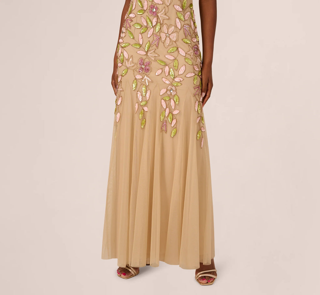 Short Sleeve Vine Beaded Godet Gown In Nude Multi