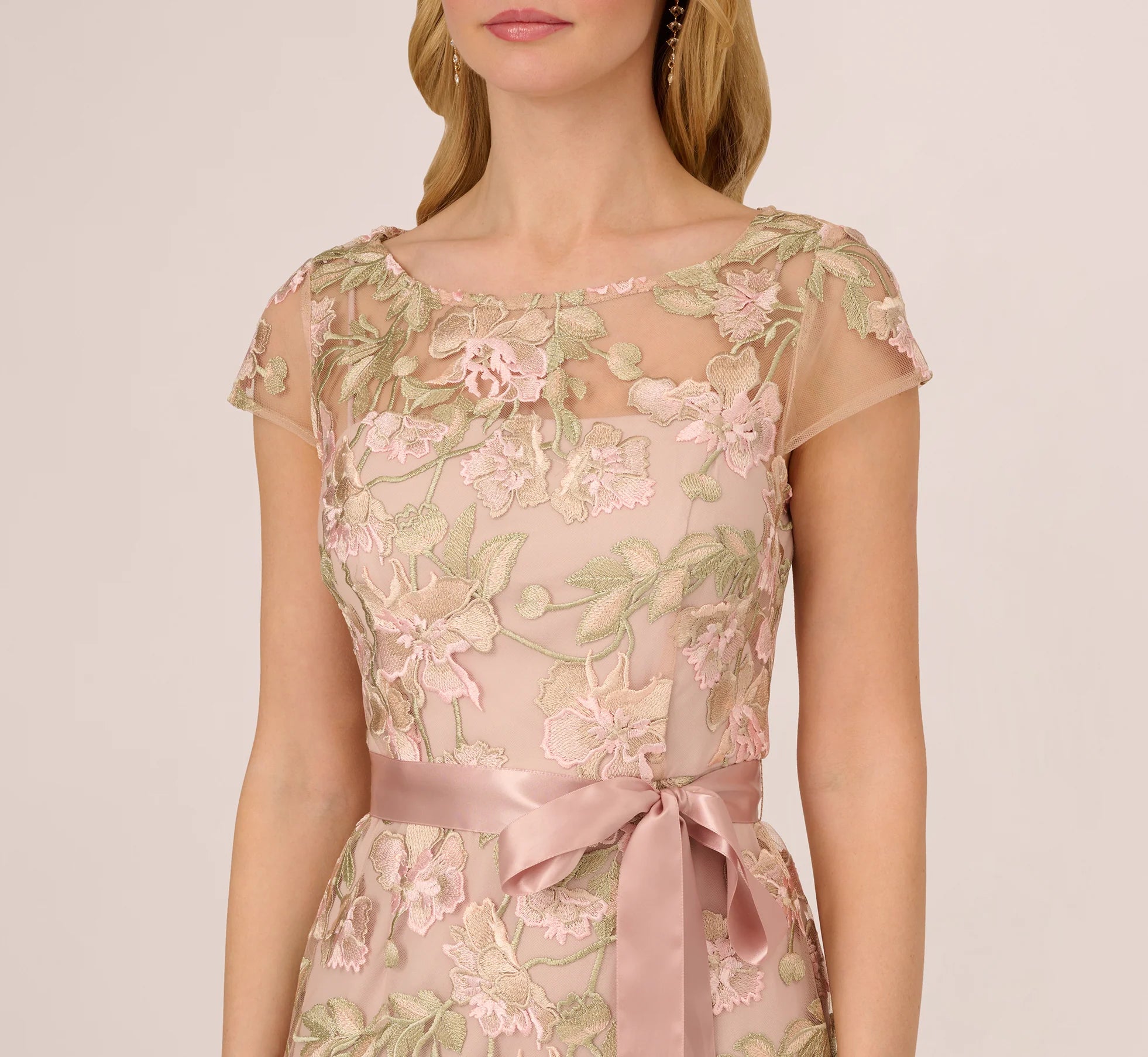 Short Sleeve Floral Embroidered Gown With Ribbon Tie Waist In Blush Nude Multi
