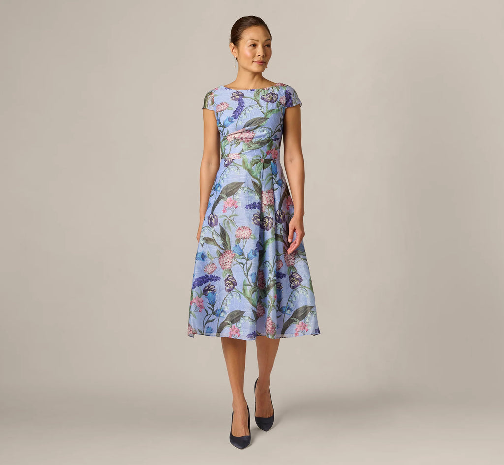 Cap Sleeve Floral Jacquard A Line Midi Dress In Blue Multi
