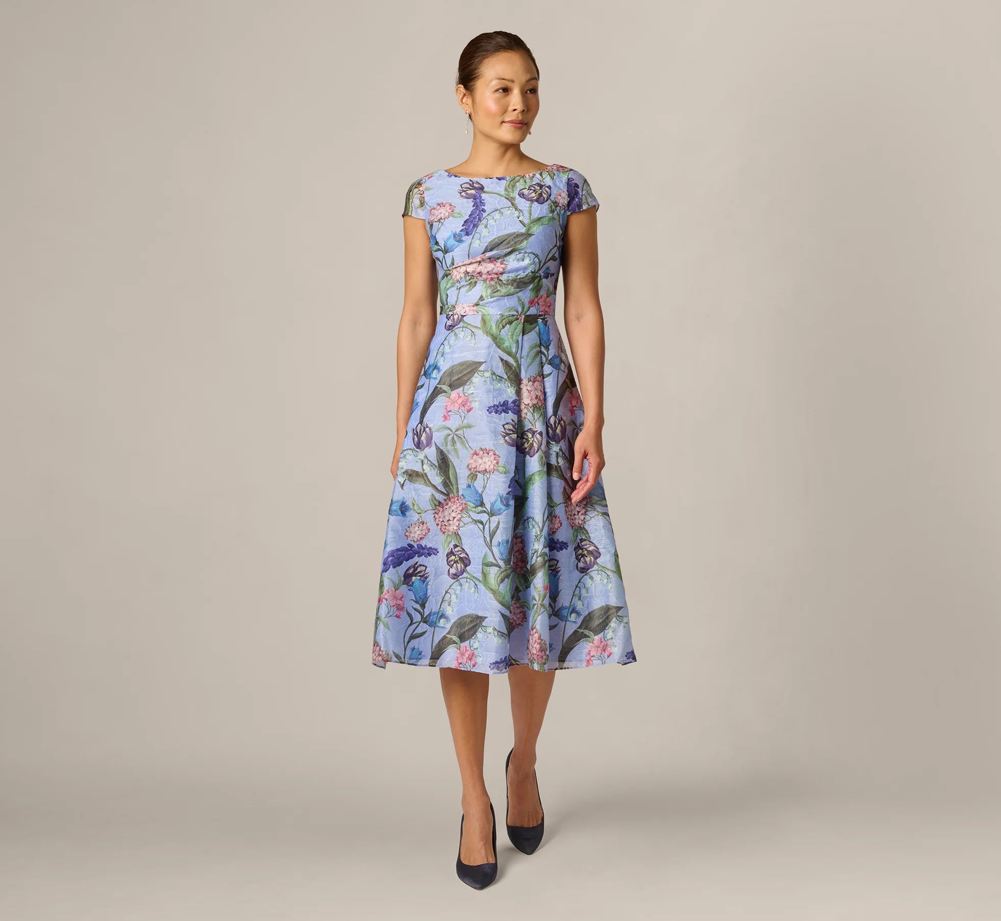 Cap Sleeve Floral Jacquard A Line Midi Dress In Blue Multi