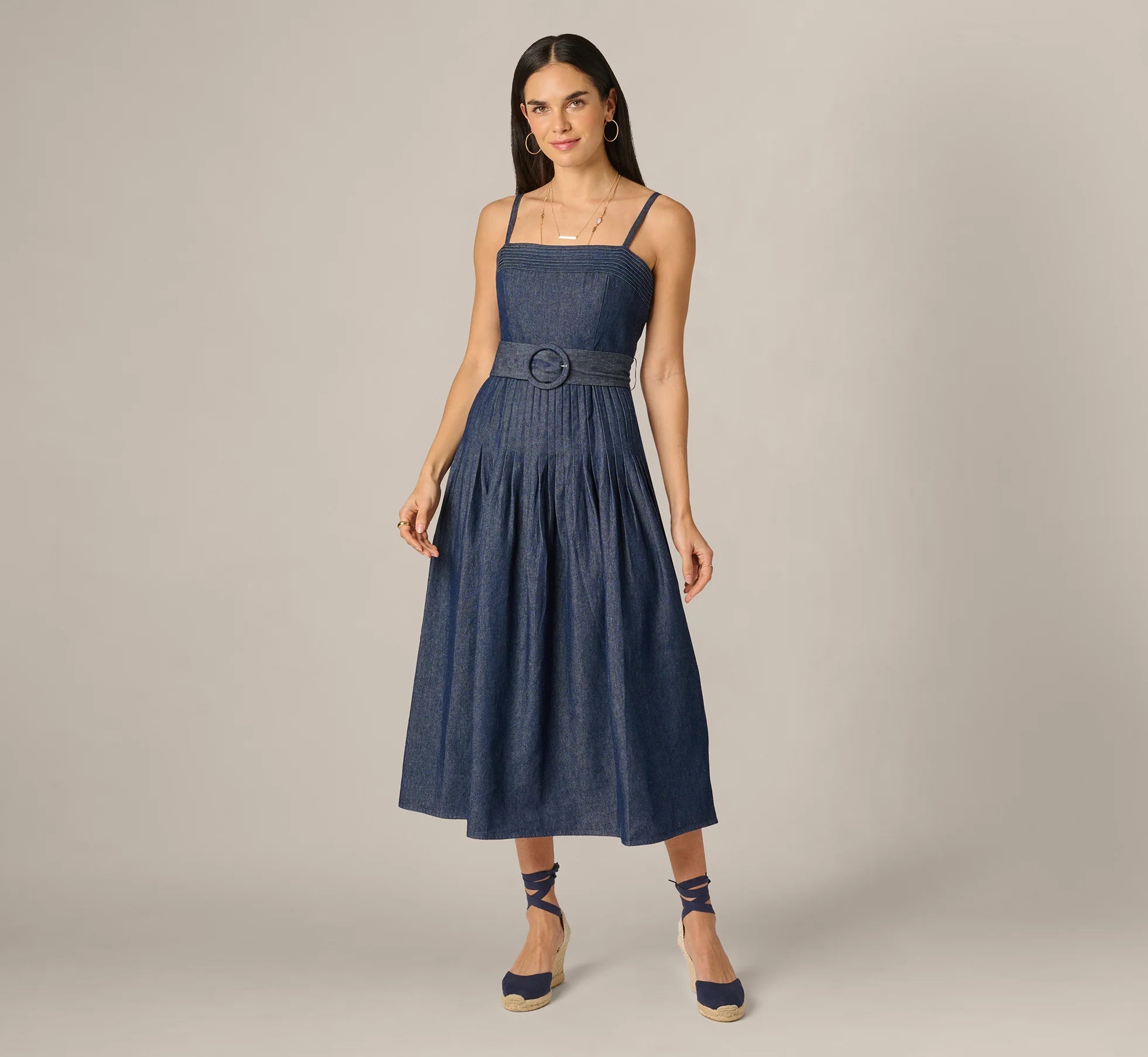 Cotton Denim Drop Waist Belted Midi Dress In Dark Denim