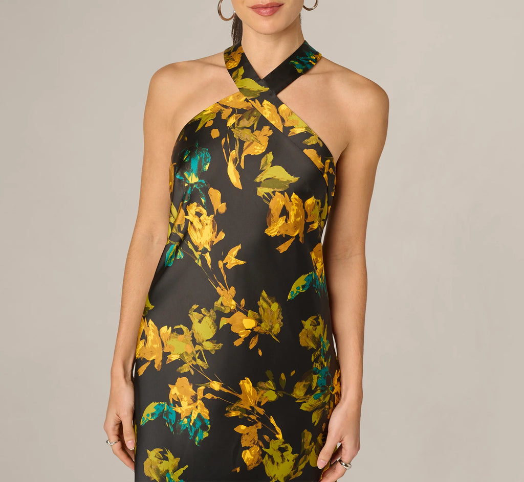 Floral Stretch Satin Scarf Halter Gown In Black Multi
