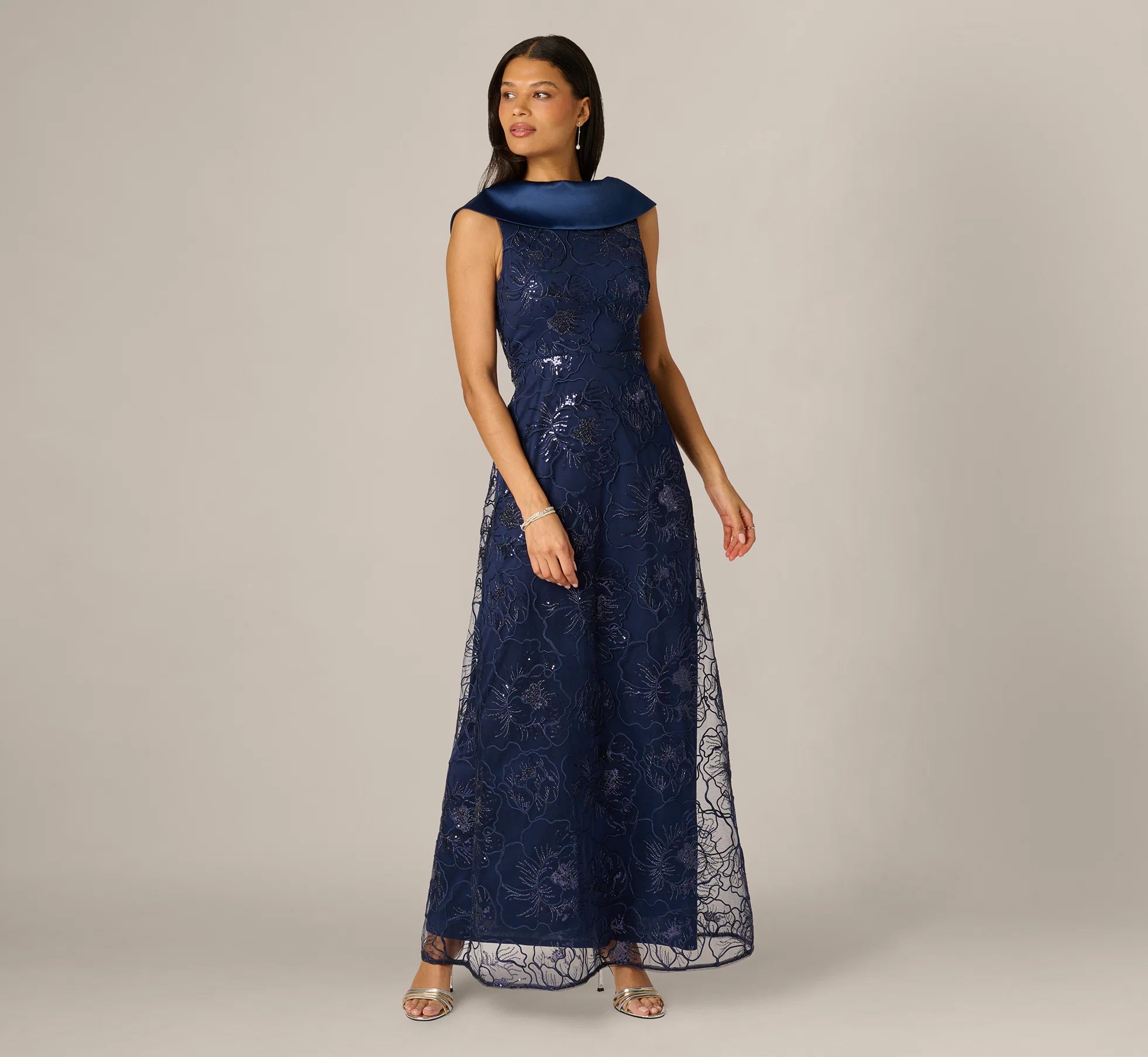 Floral Embroidered Satin Roll Collar Gown In Midnight