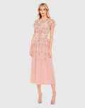 Pink Embellished Illusion High Neck Butterfly Sleeve Midi Dress