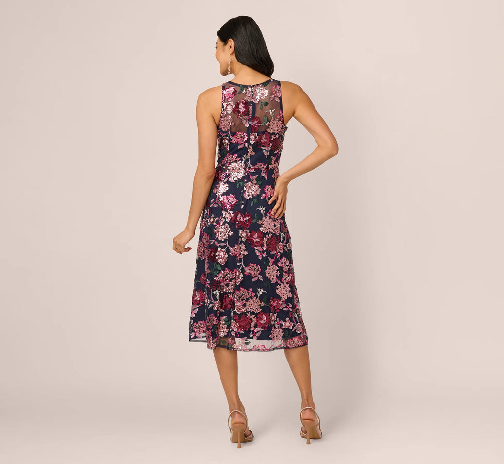 Sleeveless Illusion Sequin Midi Dress In Midnight Multi
