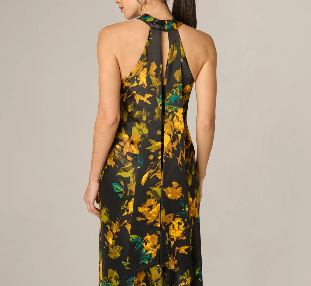 Floral Stretch Satin Scarf Halter Gown In Black Multi