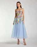 Blue Strapless Floral Embroidered A-Line Midi Dress