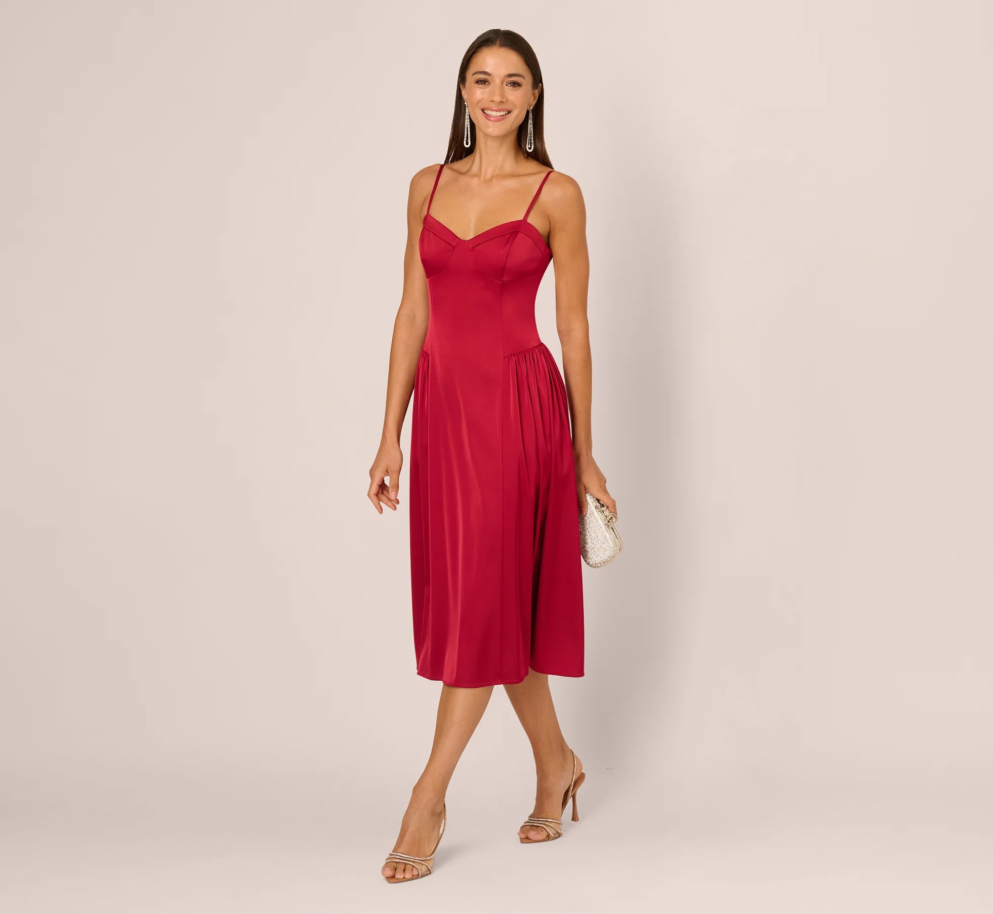 Stretch Satin Corset Back Midi Dress In Matador Red