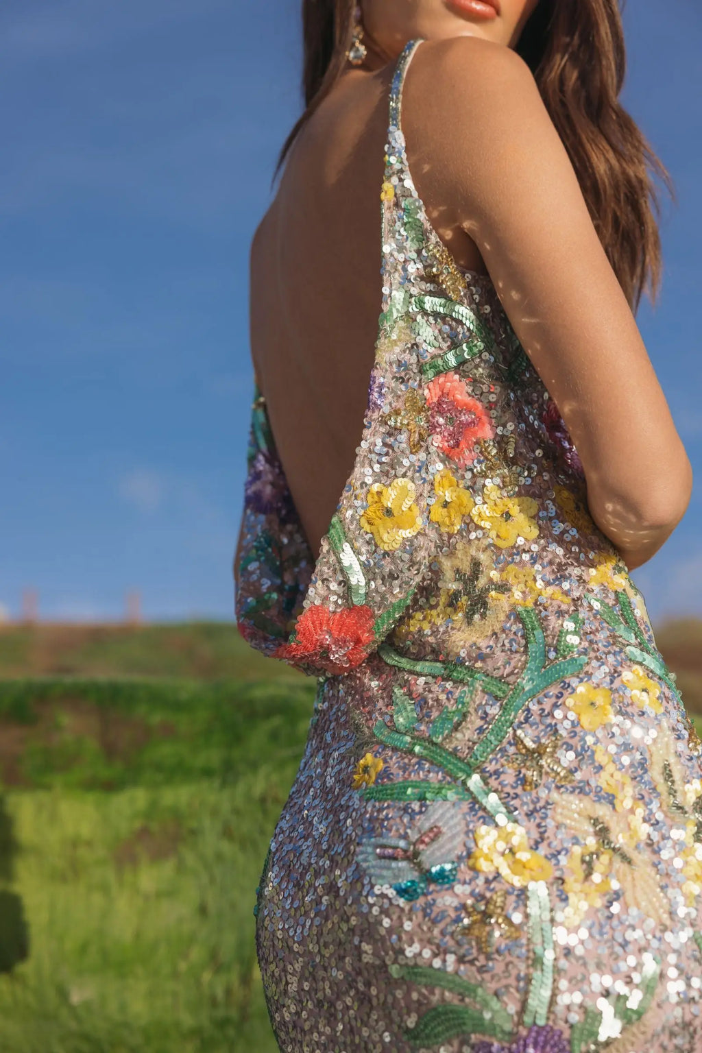 Silver Embellished Sleeveless Cowl Back Gown
