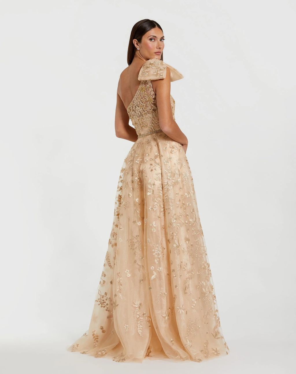 Beige Embellished Bow One Shoulder A Line Gown