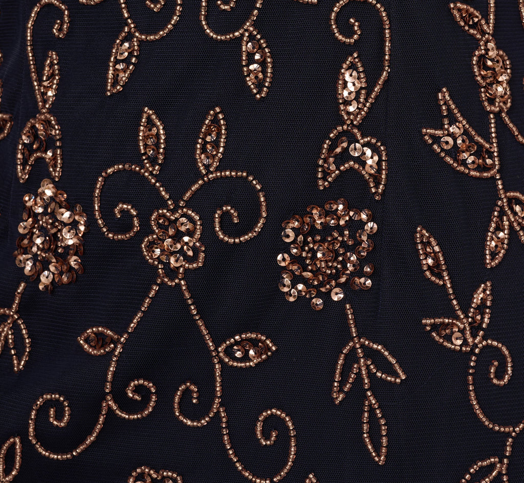 Floral Beaded Godet Gown With Sheer Neck And Short Sleeves In Navy Rosegold