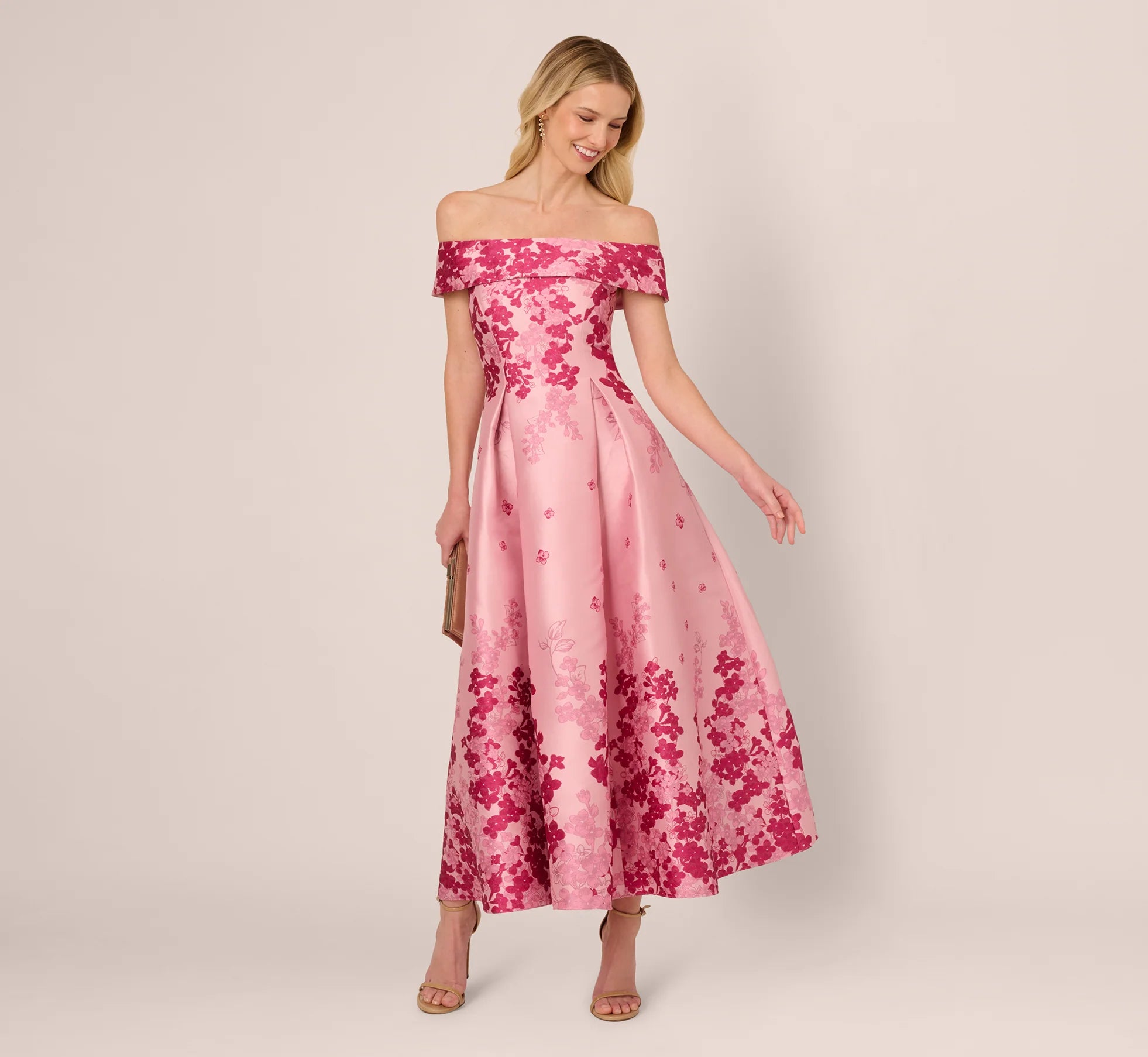 Floral Jacquard Ankle Length Dress With Off The Shoulder Neckline In Pink Multi