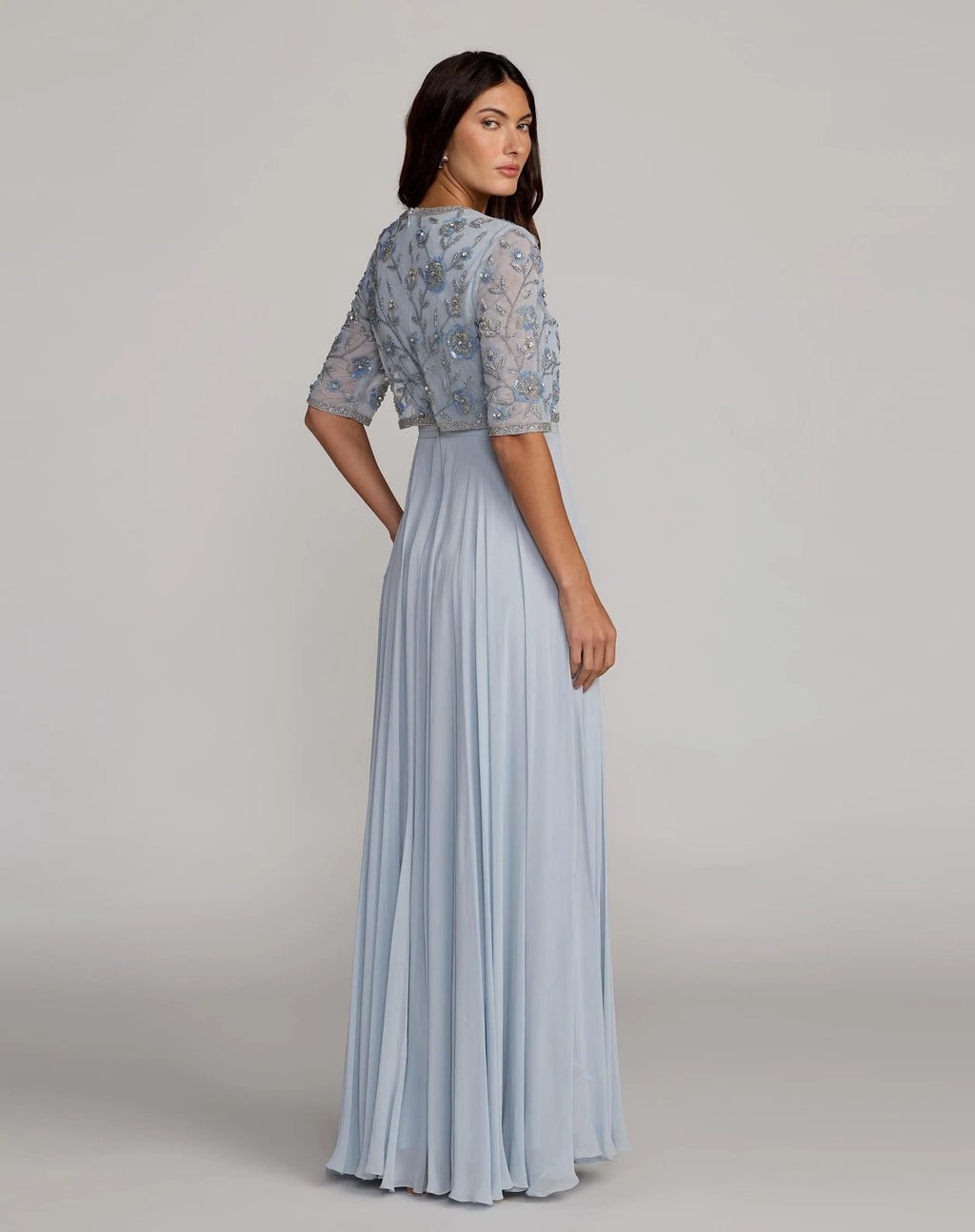 Blue High Neck Embellished Top With Chiffon Skirt Gown