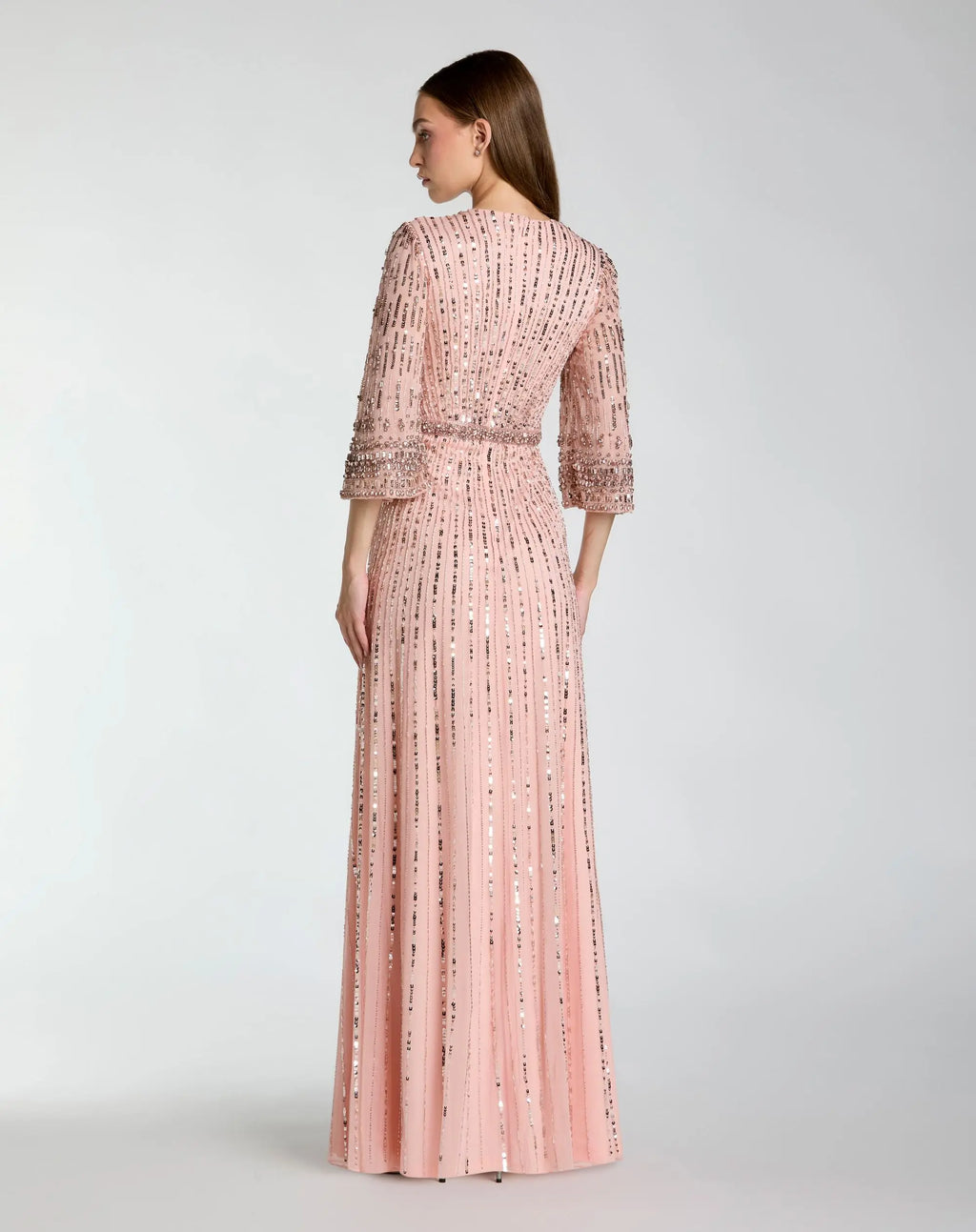 Pink High Neck Embellished Gown With 3/4 Sleeves