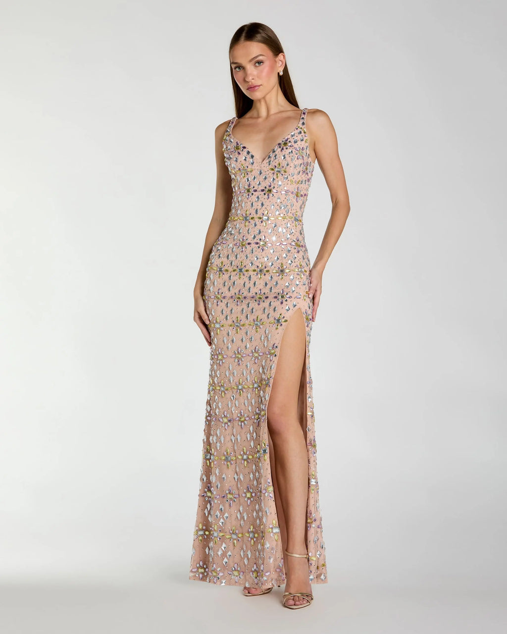 Beige Embellished V Neck Column Gown With Slit