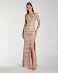 Beige Embellished V Neck Column Gown With Slit