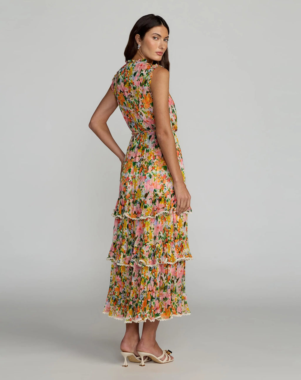 Multicolor Floral Tiered Ruffle Midi Dress