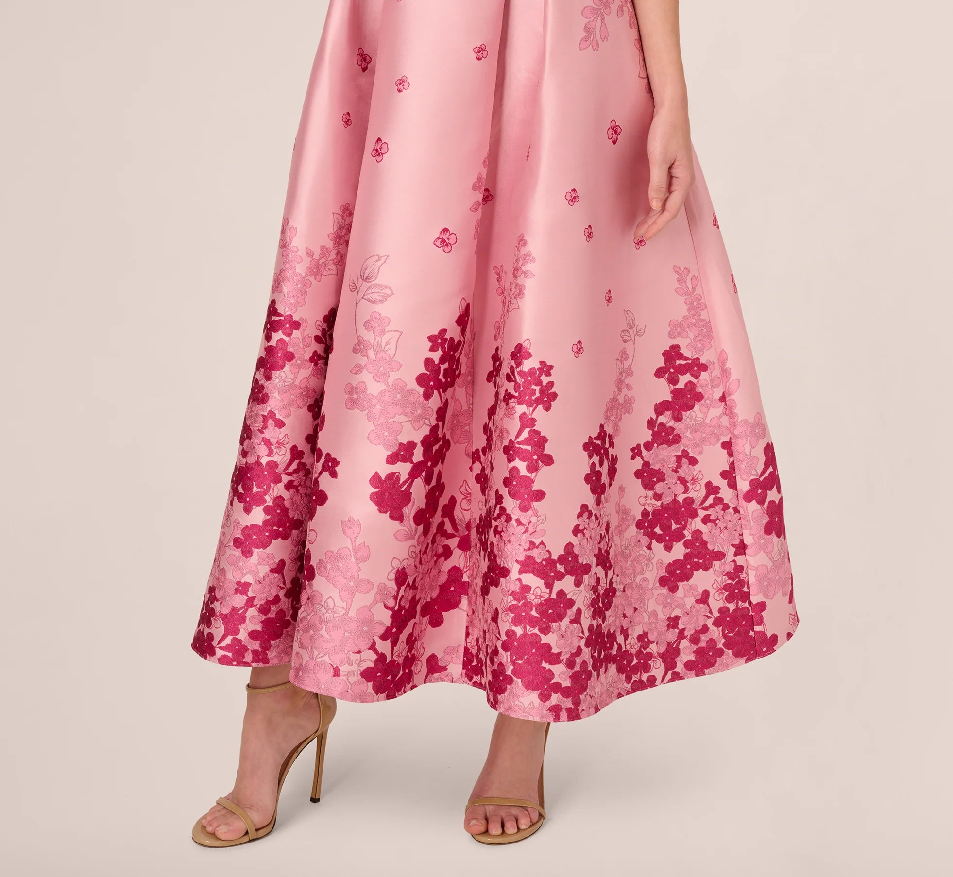 Floral Jacquard Ankle Length Dress With Off The Shoulder Neckline In Pink Multi