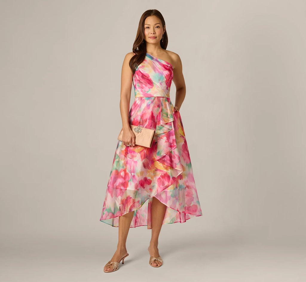 Petite One Shoulder Watercolor Organza High Low Midi Dress In Ivory Multi