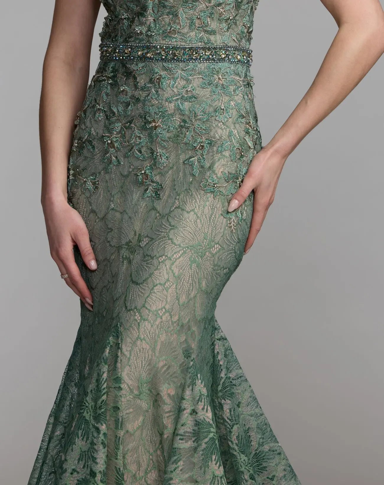 Green Embellished Lace Illusion Neck Gown With 3D Flowers