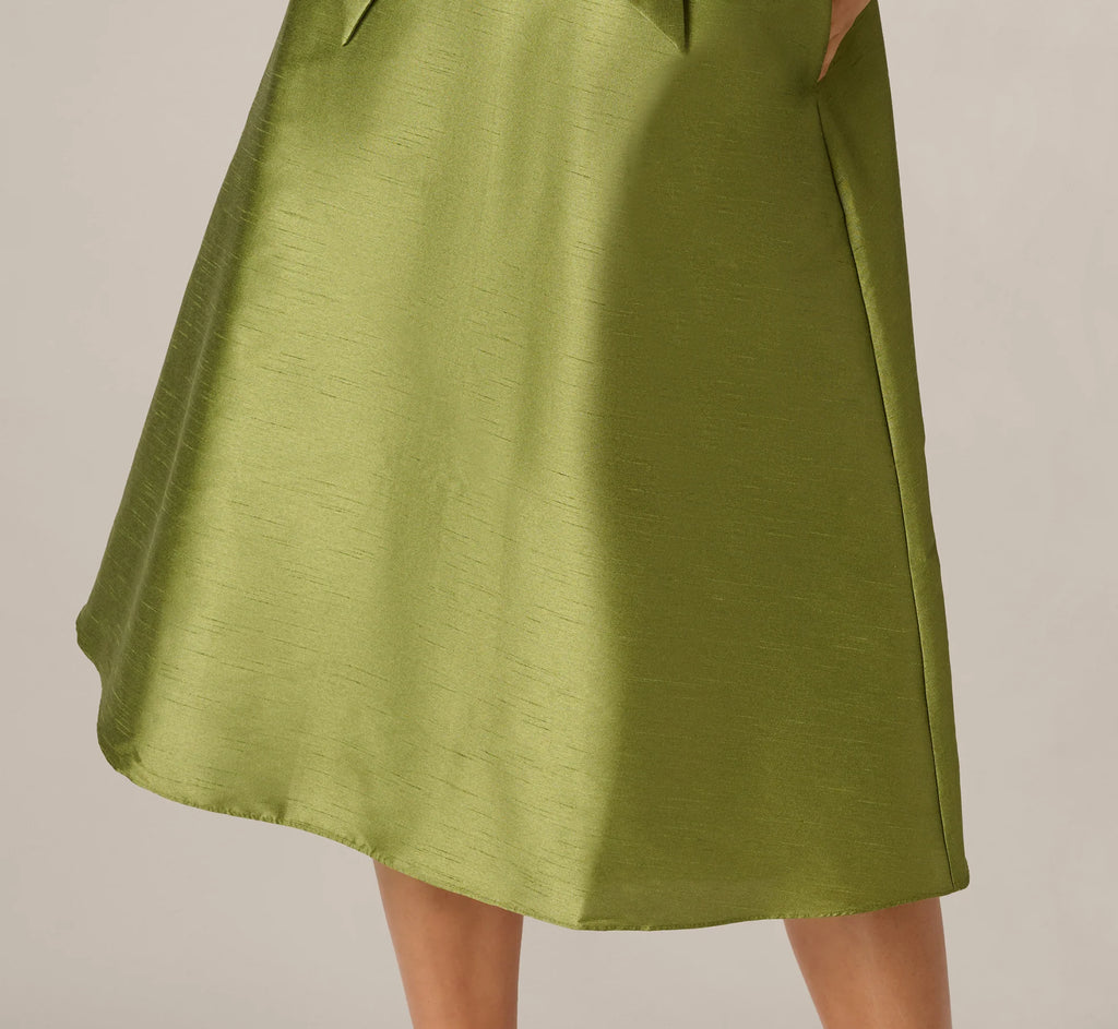 Dupioni Collared Tie Front A Line Midi Dress In Olive