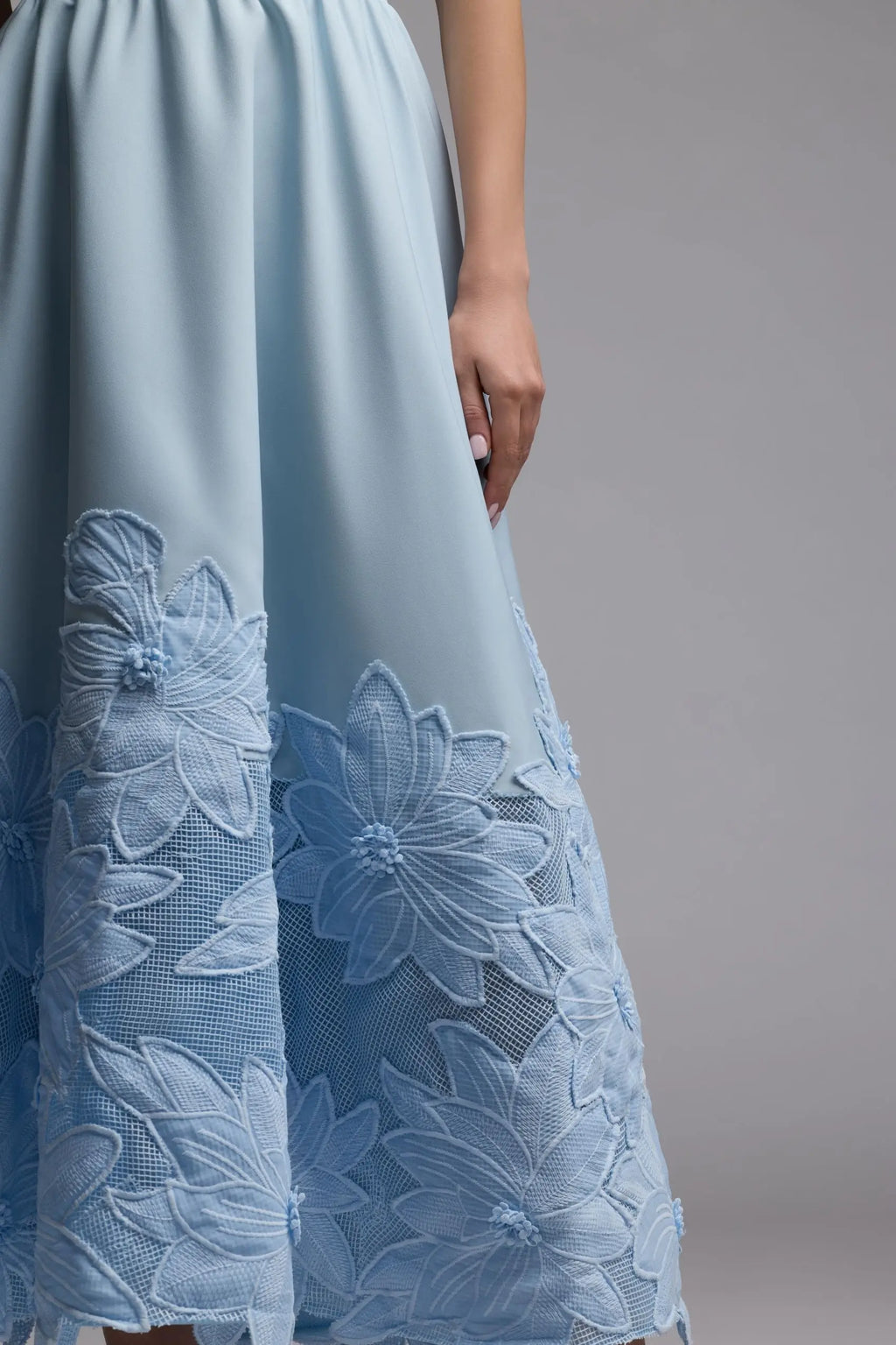 Blue Strapless Floral Appliqué Midi Dress