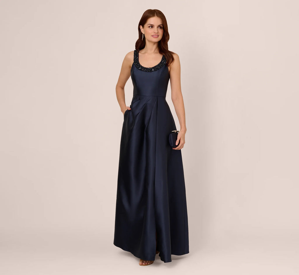 Sleeveless Beaded Mikado Fit And Flare Gown In Midnight