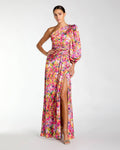 Multicolor One Sleeve Floral Print Charmeuse Gown With Slit
