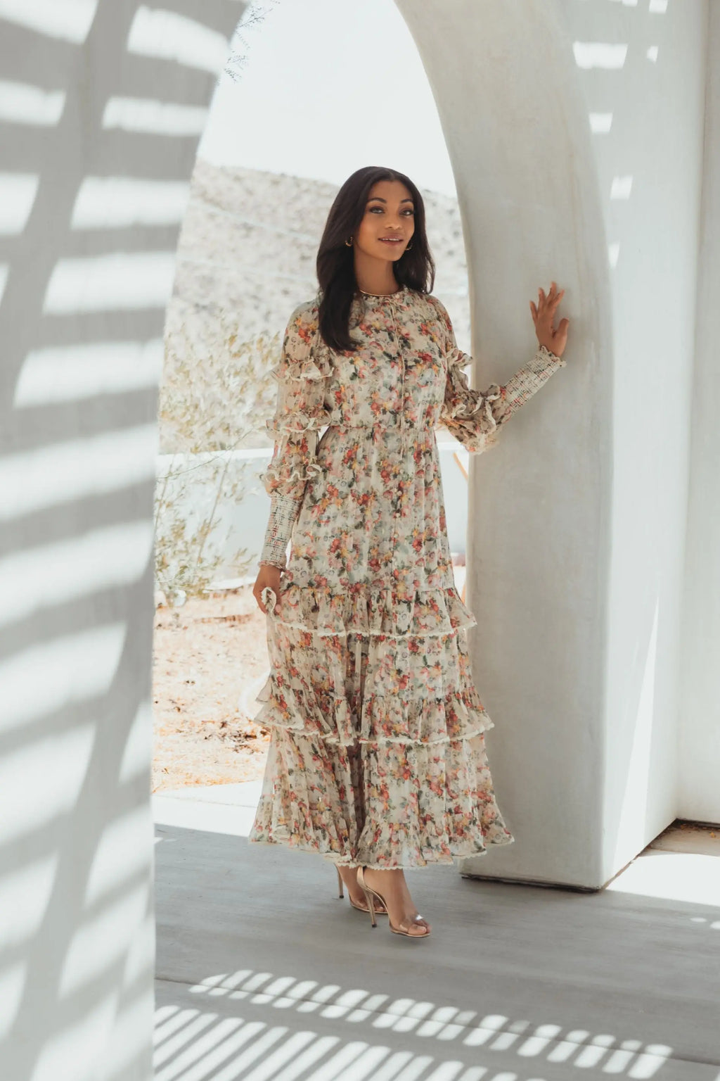 Beige Floral Tiered Ruffle Midi Dress with Long Sleeves