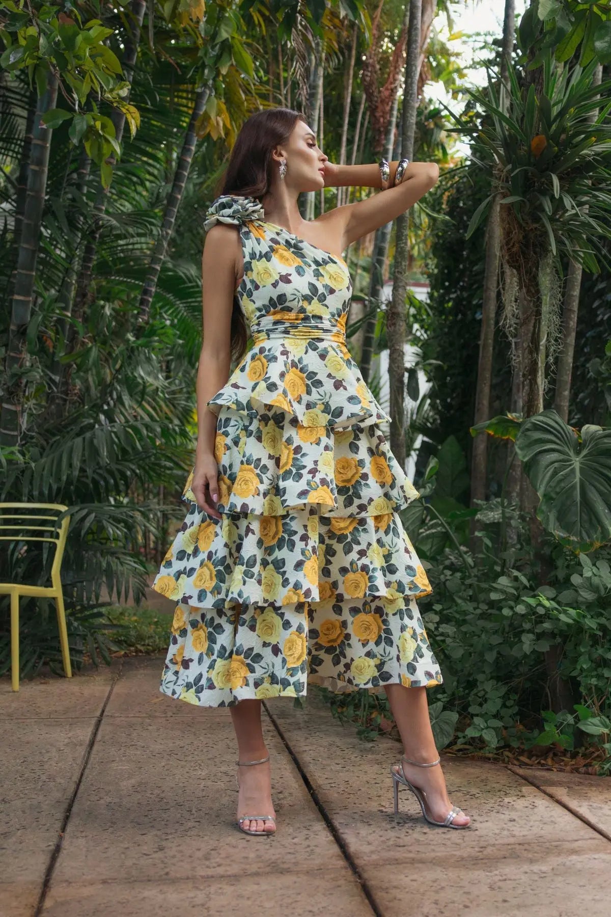 Yellow One Shoulder Floral Tiered Midi Dress