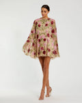 Beige Floral Embellished Cape Mini Dress