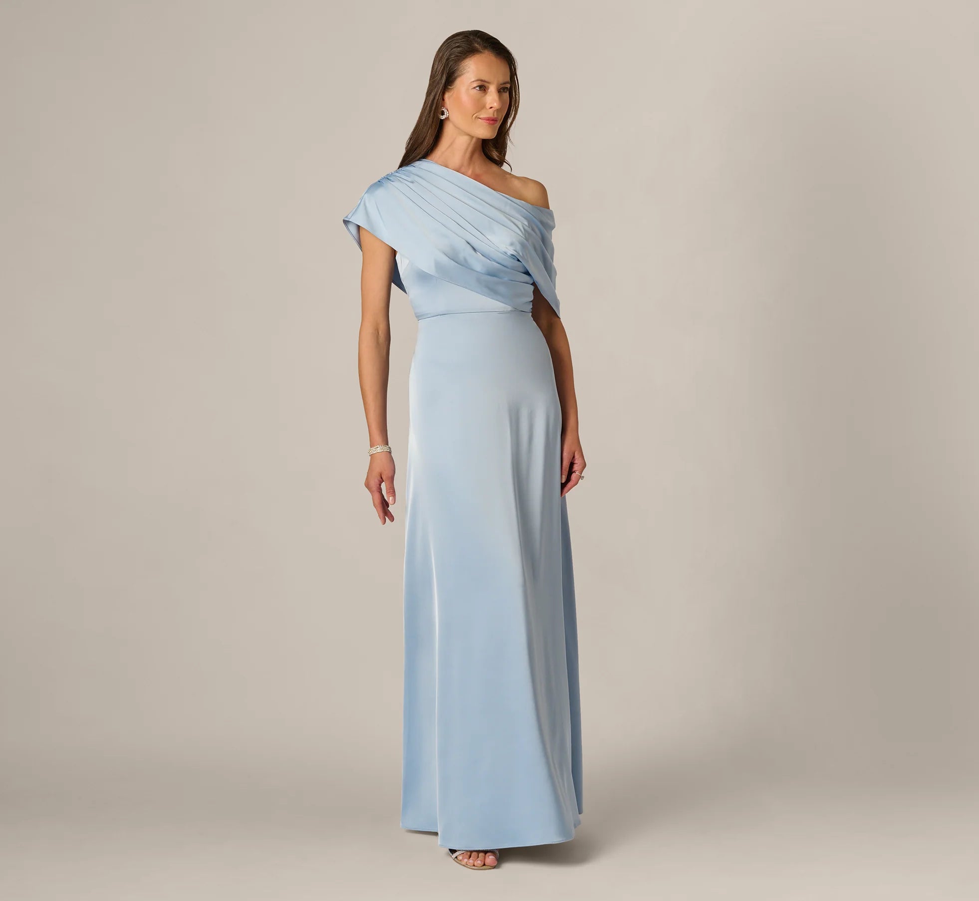 Asymmetrical Draped Neck Stretch Satin Gown In Elegant Sky