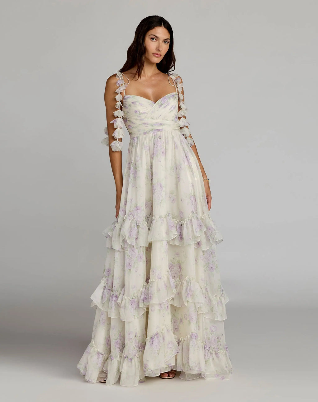 White Floral Chiffon Ruffle Gown With 3D Flower Straps