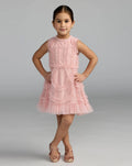 Girls Pink High Neck Sleeveless Micro Ruffle Mini Dress