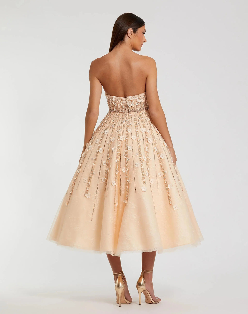 Beige Floral Embellished Strapless A-Line Midi Dress