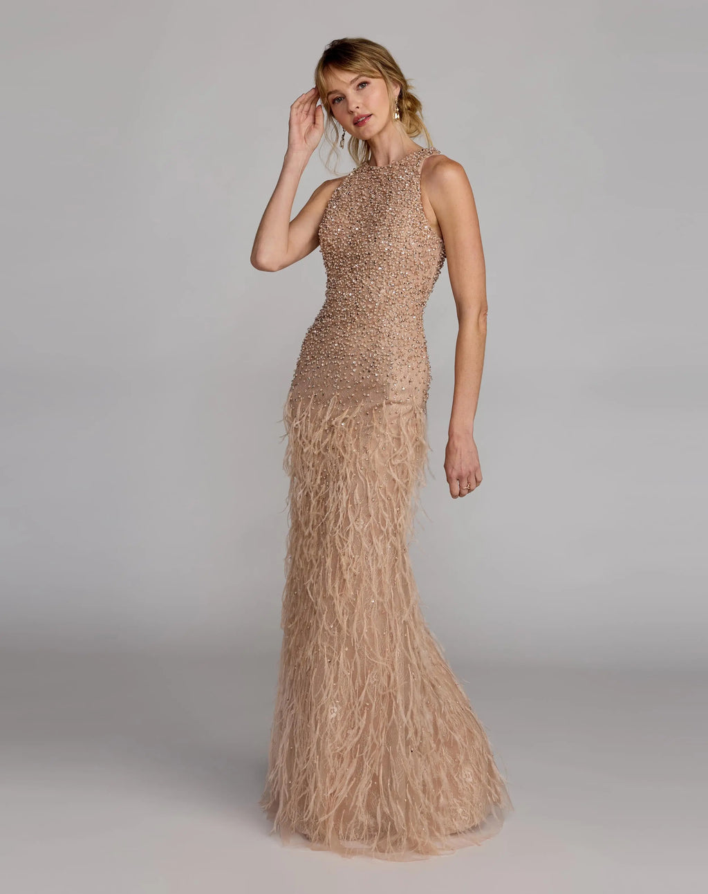 Beige Embellished Lace Sleeveless Feather Gown