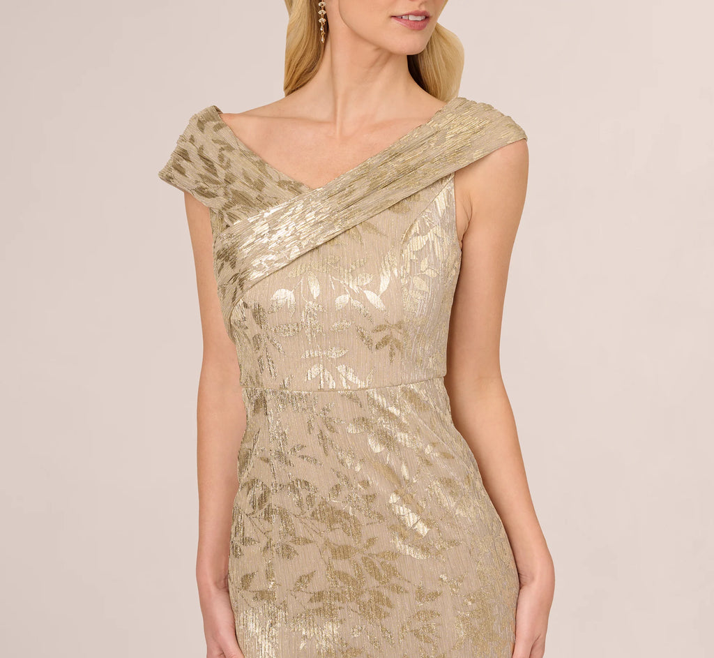 Off Shoulder Foil Leaf Mermaid Gown In Champagne Gold