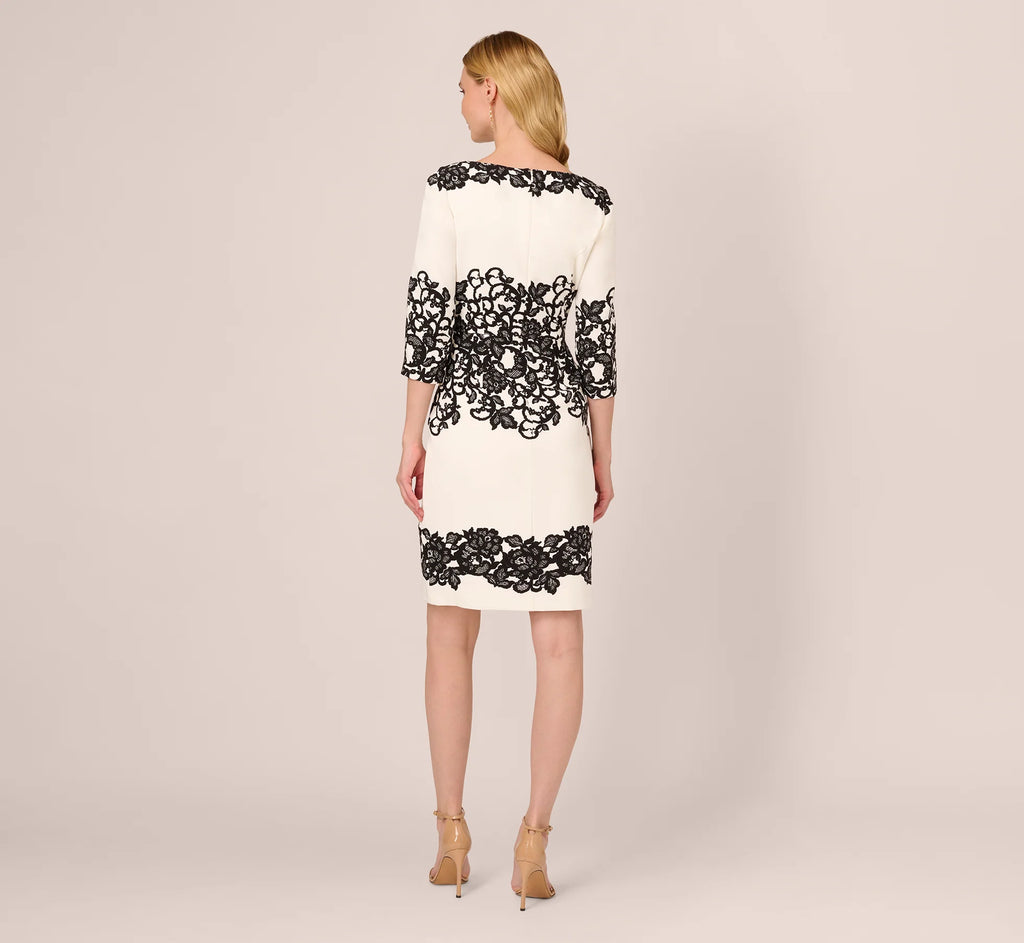 Petite Scroll Lace Midi Dress With Three Quarter Sleeves In Ivory Black