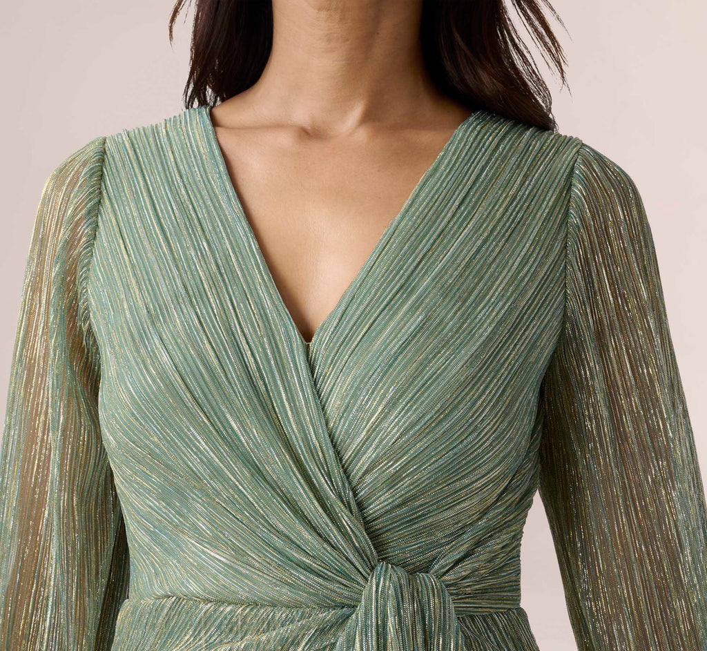 Metallic Crinkled Mesh Draped Long Gown In Green Slate