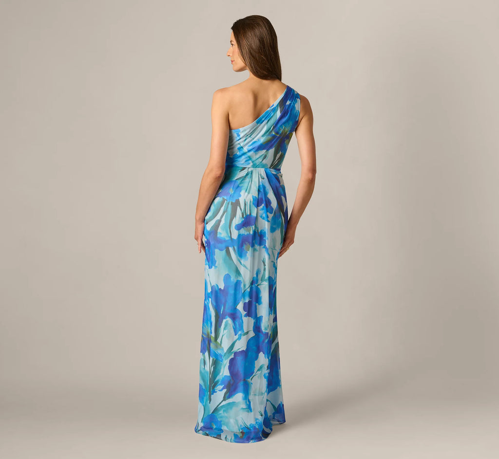 One Shoulder Floral Chiffon Draped Gown In Blue Multi